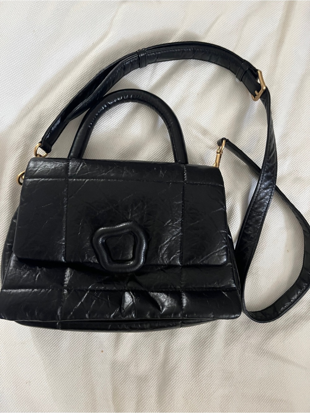 Songmont leather Black Quilted Top-Handle Crossbody with Gold Accents